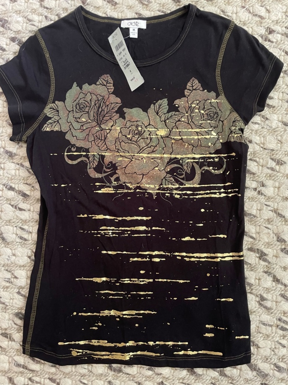 Cache Black Short-Sleeve Tee with Gold Floral Foil